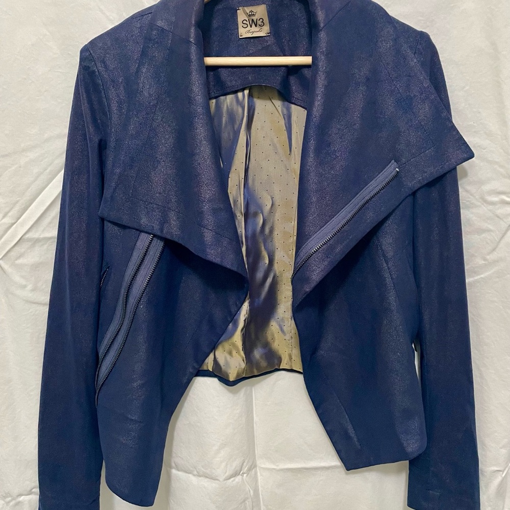 SW3 Bespoke Shimmery Blue Faux Suede Moto Jacket, SM/M (petite)